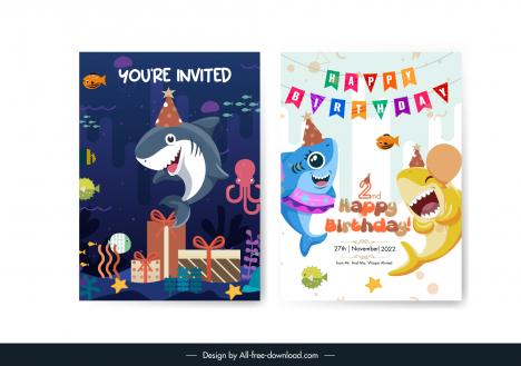 birthday invitations card templates funny stylized sharks sketch
