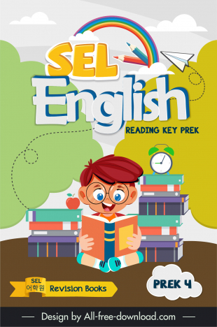 book cover english learning reading key prek prek 4 template cute happy boy studying sketch cartoon design