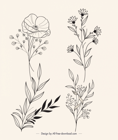 botanical leaves plants icons handdrawn sketch