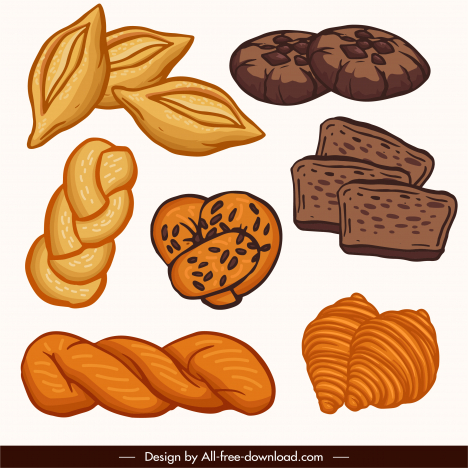 bread cake icons classical handdrawn sketch