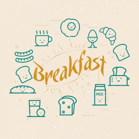 breakfast design elements various food icons flat sketch