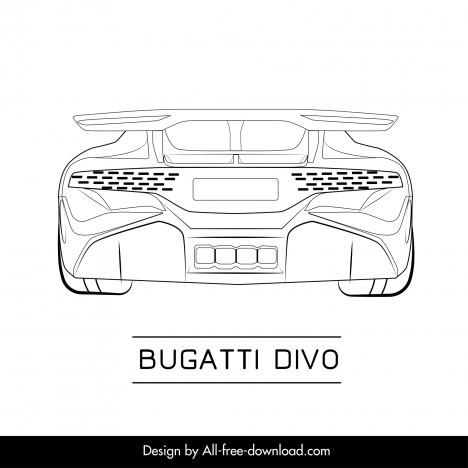 bugatti divo car model icon flat black white handdrawn back view outline