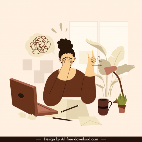 burnout conceptual painting stressed woman workplace cartoon sketch
