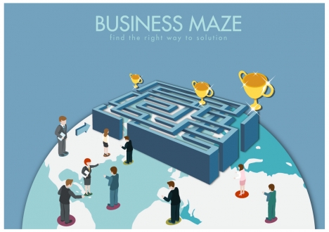 business maze concept with human looking for cups