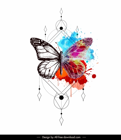 butterfly tattoo template colorful grunge decor symmetric design