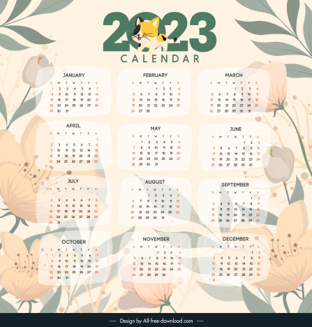 calendar 2023 background template elegant classic blurred flowers kitty sketch