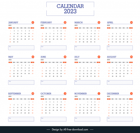 calendar 2023 template modern elegant flat simple text box decor