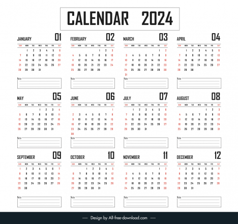Calendar 2024 template flat simple black white vectors stock in format ...