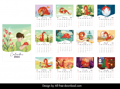Calendar 2024 Templates Collection Dragon Cartoon Characters 66164 