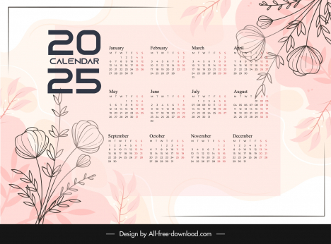 calendar 2025 template classic handdrawn flowers