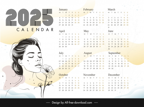 calendar 2025 template handdrawn classic lady flowers