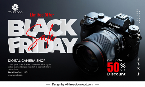 camera discount  banner template dark elegance closeup