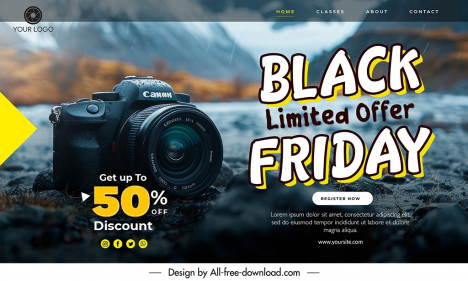 camera discount landing page template elegant contrast closeup mountain scene