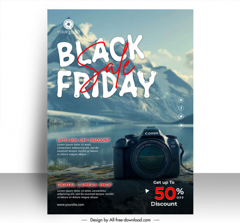 camera  discount poster template elegant mountain lake scene