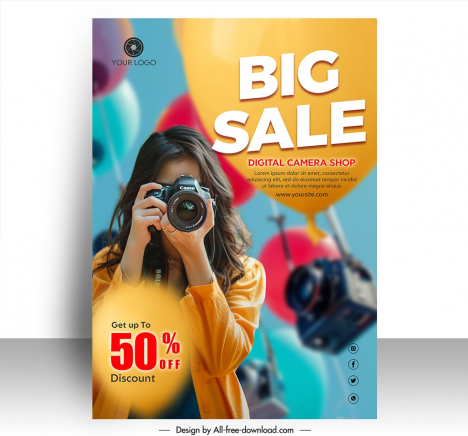 camera discount poster template lady photographer balloon decor