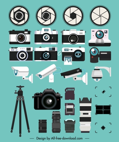 camera icons colored modern lens devices accessories sketch