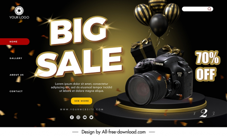 camera store landing page template elegant dark closeup