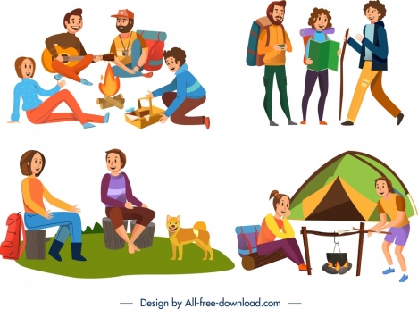 camping icons people activities design colored cartoon characters
