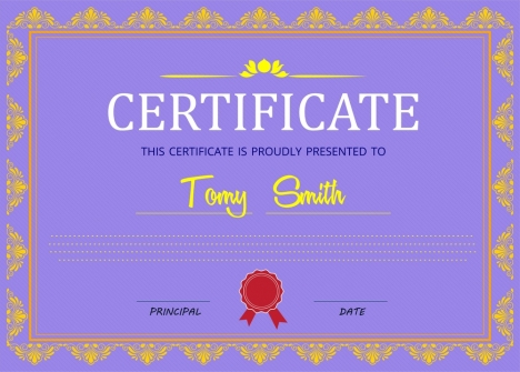 certificate design with classical border in violet background