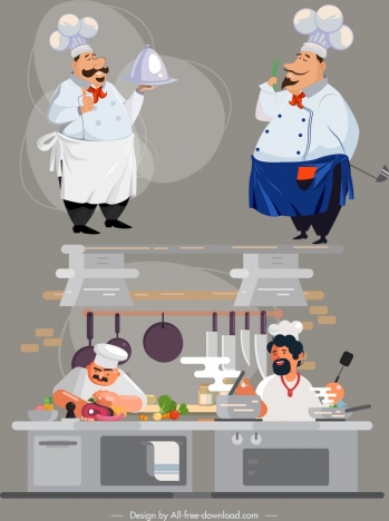 chef career icons cartoon characters sketch