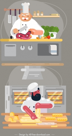 chef work icons meat bread preparation cartoon characters