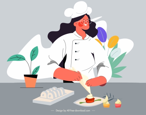 chef work painting woman preparing food cartoon sketch