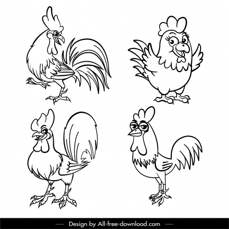 chicken icons funny sketch black white handdrawn design