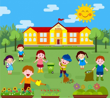 Childhood background kids cleaning outdoor colored cartoon vectors stock in  format for free download 