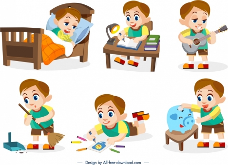 childhood design elements boy daily activities icons design