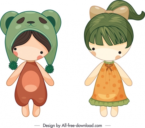 childhood doll icons girls sketch cute cartoon design