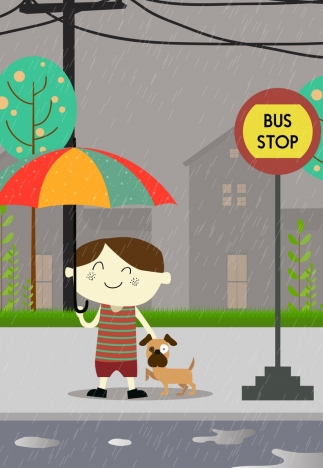 childhood drawing boy puppy rain umbrella icons