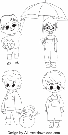 childhood icons cute boys sketch handdrawn cartoon