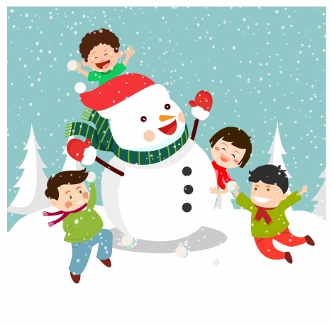 christmas background design with joyful kids and snowman