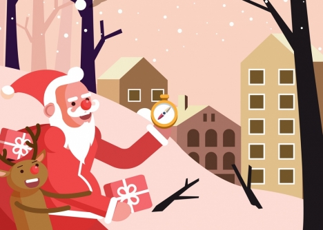 christmas background santa reindeer compass icons cartoon design