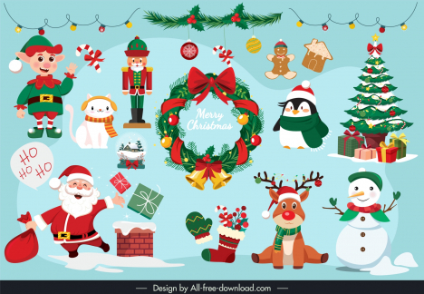 christmas decoration elements characters sets cute cartoon