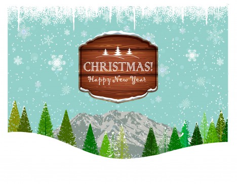 christmas frame on landscape background with tree and mountain