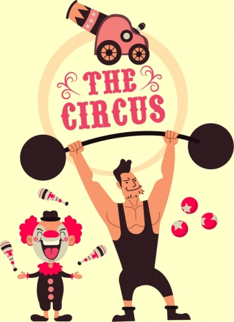 circus banner athlete clown performance icons cartoon design