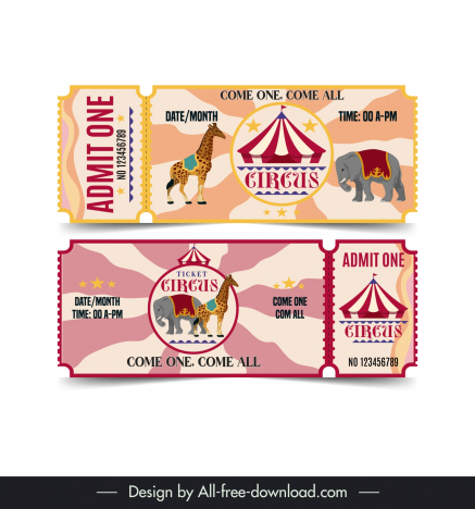 Circus tickets templates flat animals tent sketch vectors stock in ...