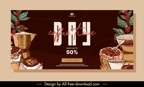 coffee advertising banner retro handdrawn symbols