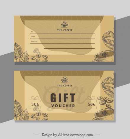 coffee voucher template handdrawn retro coffee beans leaves