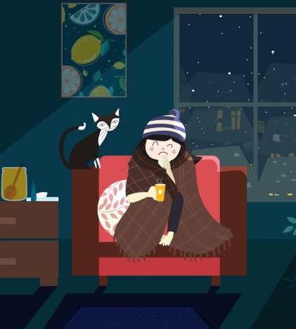 Cold winter drawing girl cat cozy room icons vectors stock in format ...