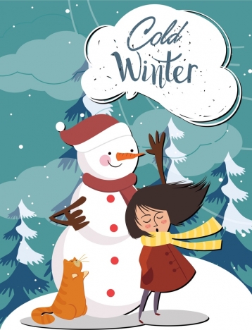 cold winter drawing snowman girl icons colored cartoon