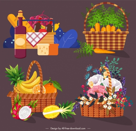 container baskets icons camping fruit vegetables floral sketch