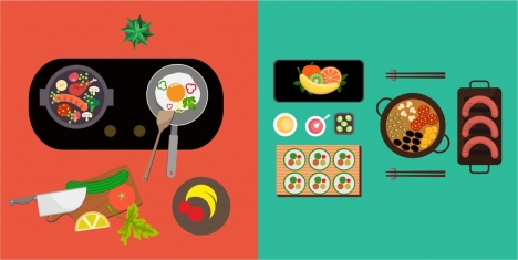 cooking preparing background food kitchenwares icons colorful design