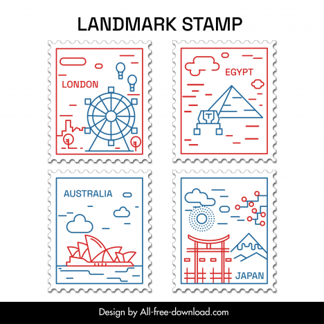 country stamps collection flat national line art