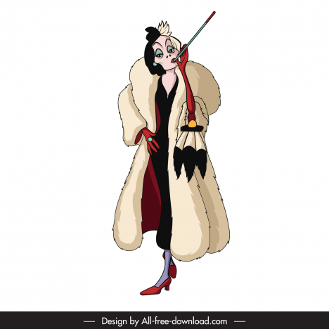 Cruella de vil cartoon character icon standing smoking woman sketch ...