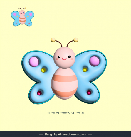 cute butterfly design elements 3d stylization cartoon