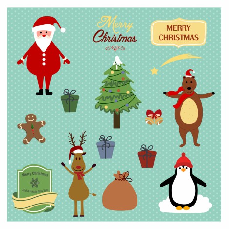 Cute christmas background with Santa, reindeer, bear and penguin