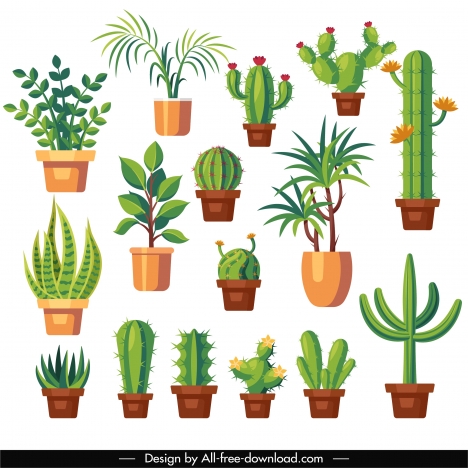 decorated plant icons cactus trees sketch flat classic