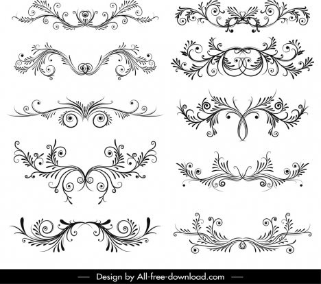 decorative elements templates black white symmetric swirl shapes